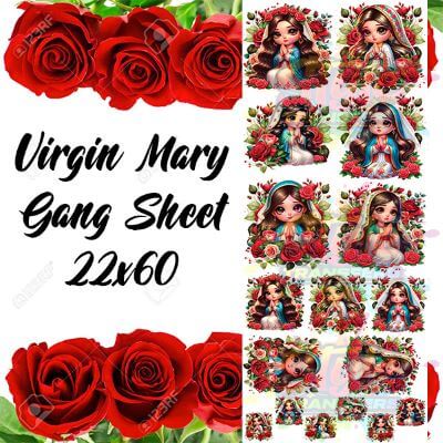 Virgin Mary 22x60in pre-made gang sheet with detailed designs and red rose background, ideal for DTF transfers.