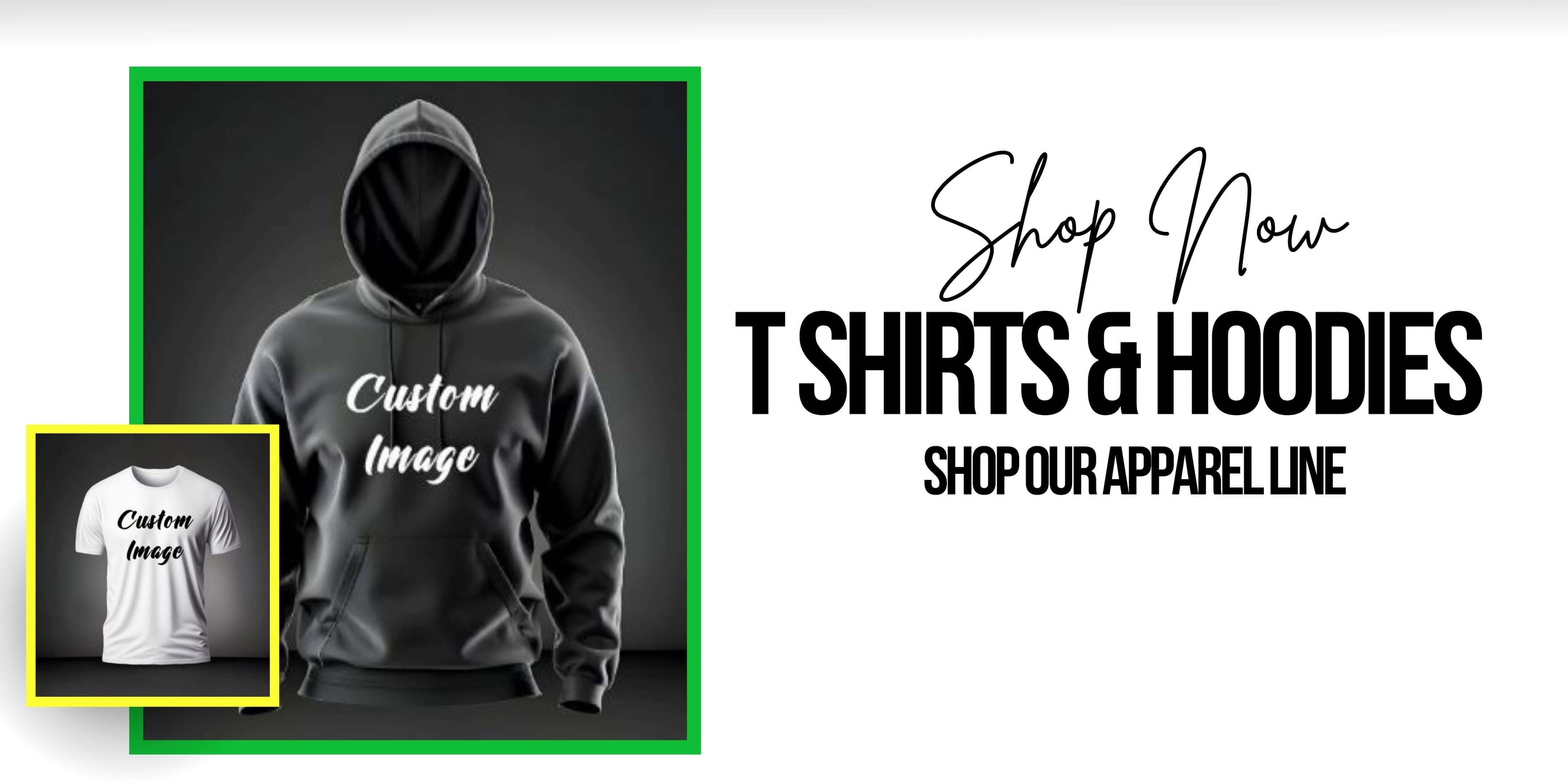 Custom image on hoodie and t-shirt layout promoting apparel line for sale.