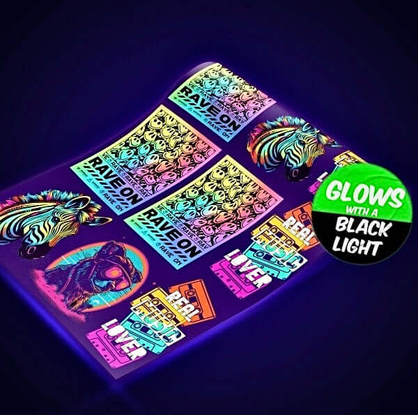 Vibrant neon DTF gang sheet showcasing colorful designs that glow under black light, perfect for custom printing in Texas.