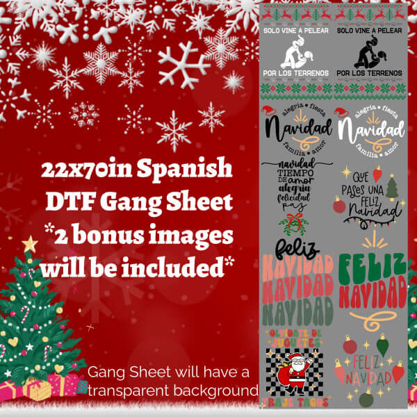 22x70in Spanish DTF Gang Sheet with holiday designs, featuring festive text and images, transparent background, two bonus images included.