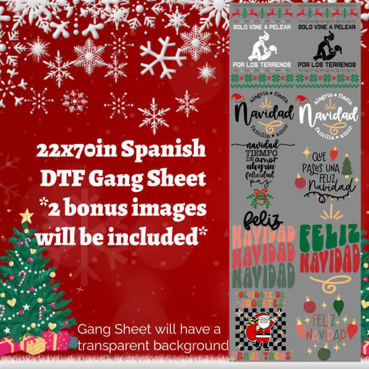 22x70in Spanish DTF Gang Sheet with holiday designs, featuring festive text and images, transparent background, two bonus images included.