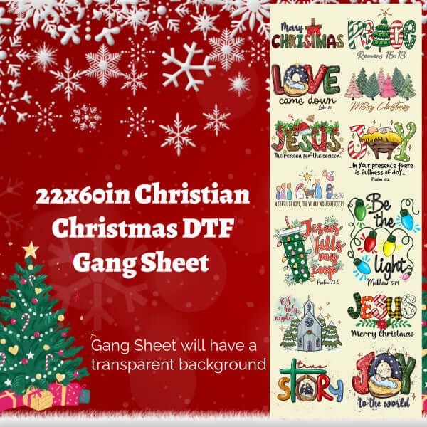 22x60in Christian Christmas DTF Gang Sheet featuring festive designs and snowflakes on a red background.