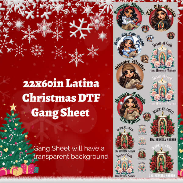 22x60in Latina Christmas DTF Gang Sheet featuring vibrant designs on a transparent background for easy customization.