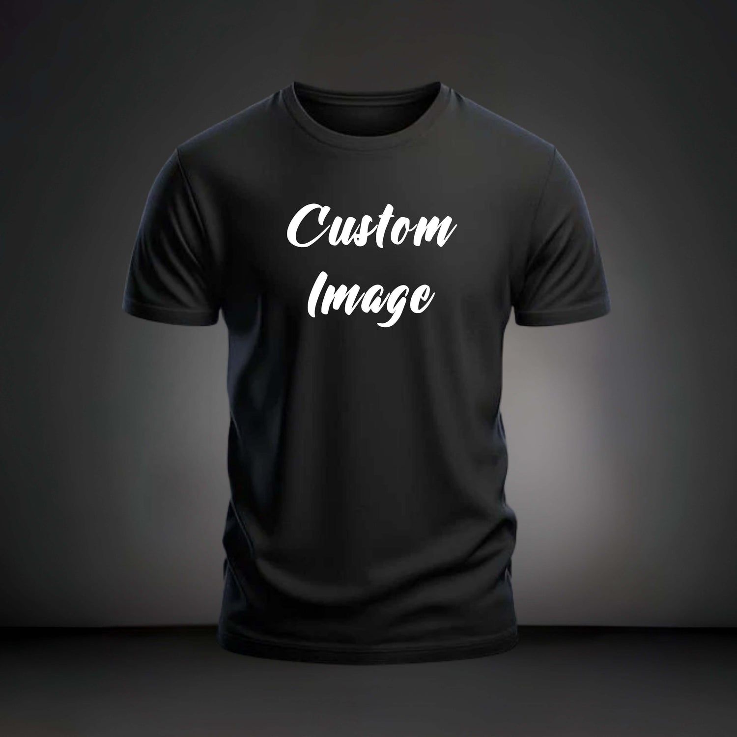 Custom black t-shirt with "Custom Image" text on a dark background, showcasing DTF printing options.