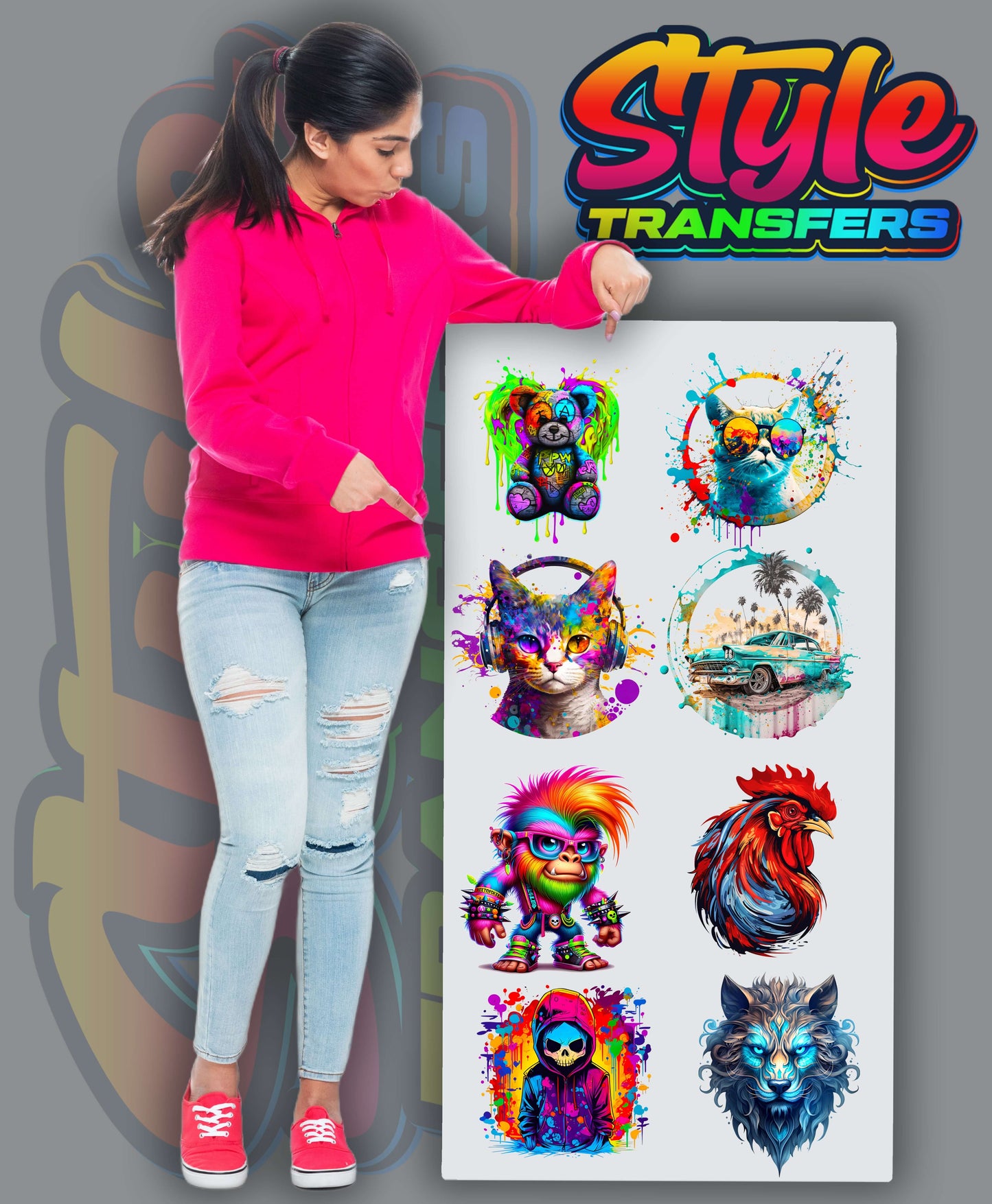 Young woman in a pink hoodie showcasing colorful DTF designs featuring animals and characters on a gang sheet.